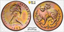 PR65RB 1983-AB Isle of Man Manx Cat 1 Penny, PCGS- Rainbow Toned SOLO Top Pop!