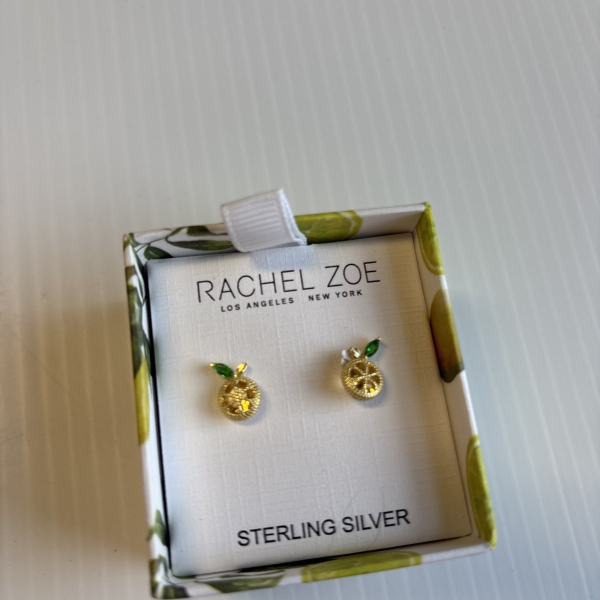 Rachel Zoe Sterling Silver Gold Lemon Fruit Stud Earrings Sparkles