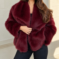 Women's Burgundy Faux Fur Coat Oversized Fluffy Winter Jacket Plush Shawl Collar