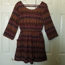Alythea Boho Tribal Print Mini Dress Pockets Fit & Flare Aztec Festival Small