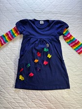 Girls Rainbow Long Sleeves A-Line Dress Navy Blue Colorful Butterfly 5-6Y