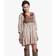 Umgee Boho Chic Paisley Peasant Printed Tribal Baby Doll Dress Top Tunic Small