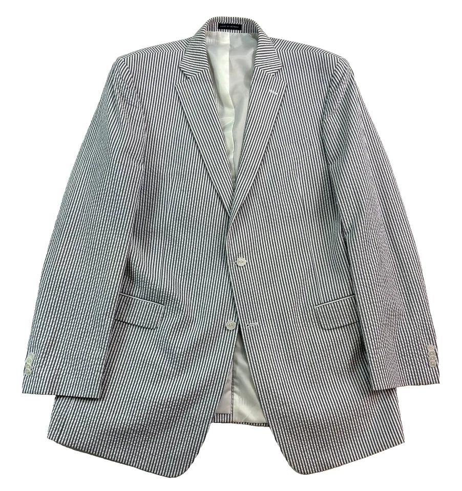 NUEVO Traje Paul Fredrick 46XL L 40x32 gris blanco rayas 3 piezas Seersucker algodón Foto 2 de 4