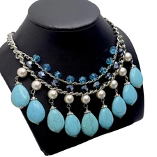 JS Silver Tone Statement Necklace Howlite Turquoise Blue Glass Beads White Pearl