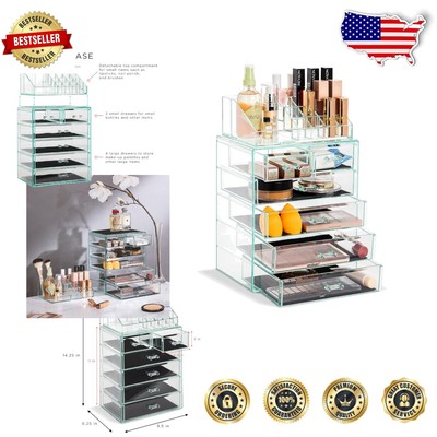Elegant Clear Makeup Organizer with 4 Drawers & 16 Compartments - Teal Thrill