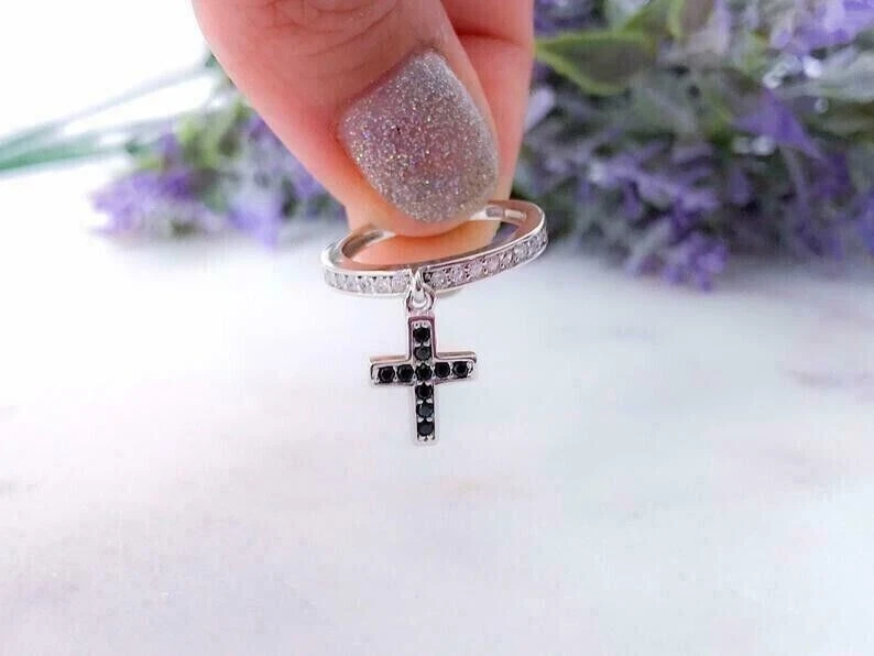 Stunning Cross Dangle Ring Round Cut Simulated Diamond In 14k White Gold Plated - Image 2 of 4