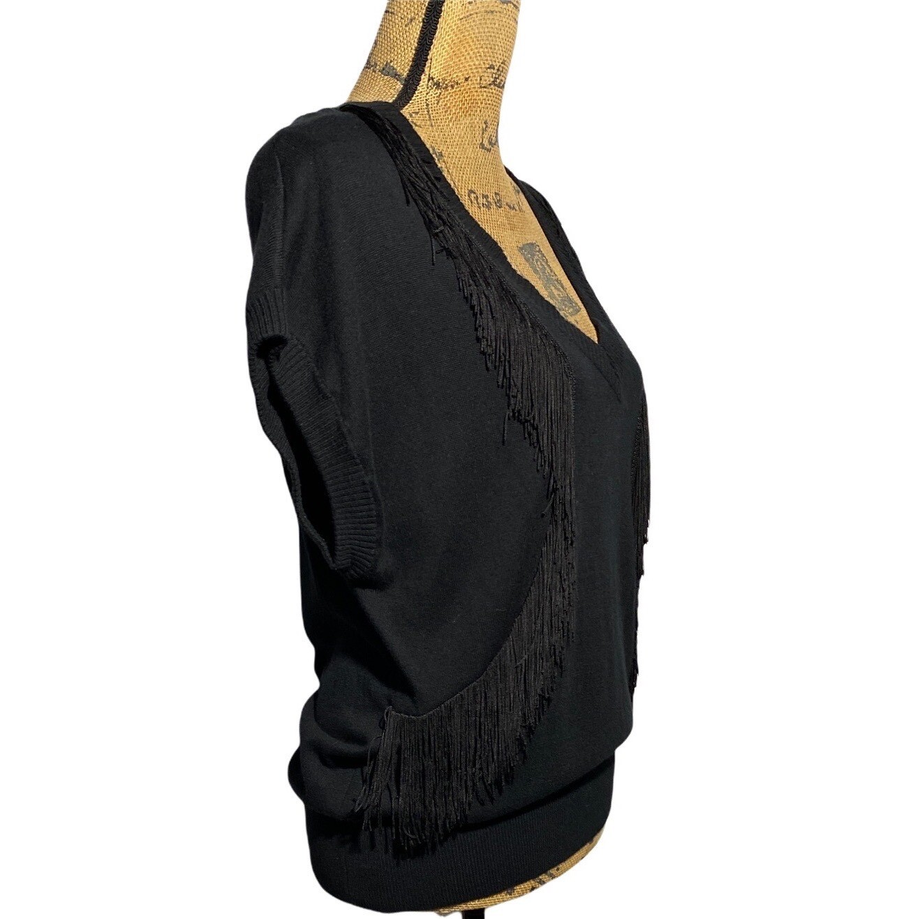 BCBGengeration Sweater MED Solid Black Fringe Det… - image 3