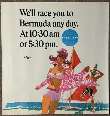 Vintage Pan Am Bermuda poster c 1960, Bob Peak art, measures 22'' x 21'' - RARE