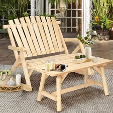 Outdoor Wood Rocking Bench Set- 2 Person Adirondack Log Rocker with Side Table