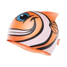 NEW TYR Swimming Silicone Swim Cap JUNIOR Happy Fish Orange Charactyr