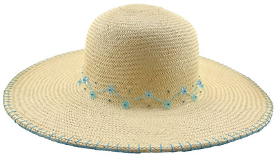 Talbots Womens Wide Brim Natural Straw Hat One Size Blue Star embellished Band