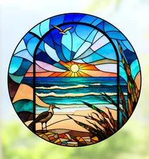 Sunset on Ocean Beach Faux Stained-Glass WINDOW CLING Size 8" Round Vinyl