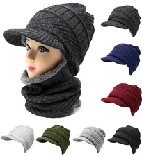 2 in 1 Cable Knit Winter Hat w/ Neck Warmer Mask Brim Beanie Fur Lining Unisex