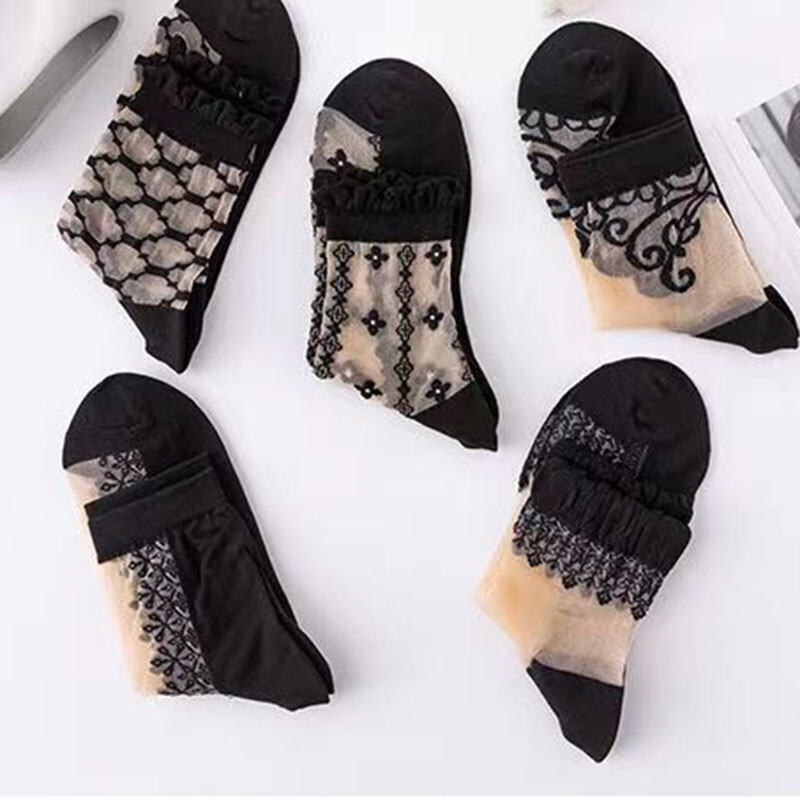 5 Pairs Women Lace Floral Socks Summer Mesh Thin Ladies Transparent Funny Socks eBay