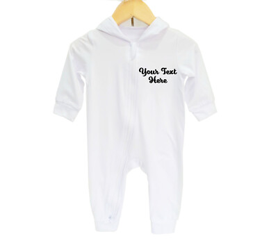 Personalised  Baby Zipped Hooded White Cotton Sleepsuit Grow Bodysuit Soft Sizes