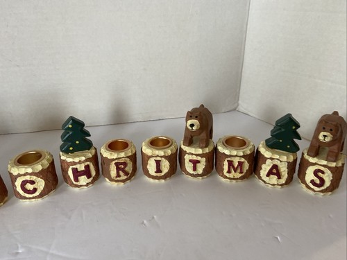 Vintage Merry Christmas Wood Log Taper Candle Holder Holiday Decor Rare - Picture 3 of 12