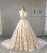 Glitter Tulle Floral Lace Wedding Dress Bridal Gown Champagne Wei  Chapel Train