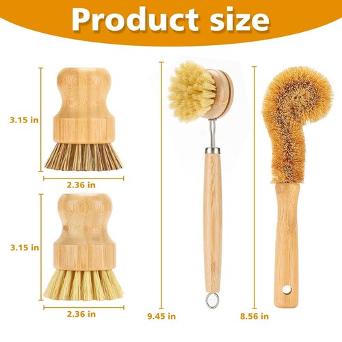 4Pcs Bamboo Dish Brush Set,Palm Wooden Dish Scrubber Brush for Pots Pans Bottle - Picture 2 of 7