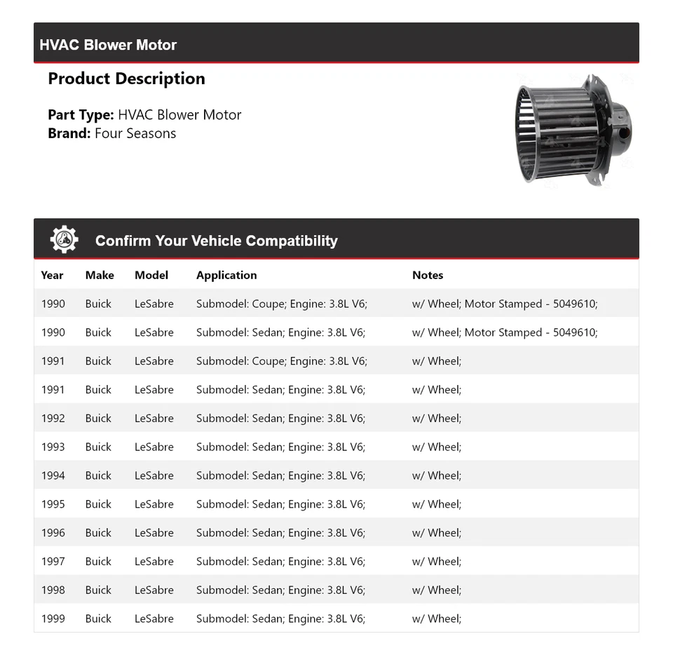 Motor soprador AVAC Buick LeSabre 3.8L V6 1990-1999 4 estações 1991 1992 1993 - Imagem 2 de 4