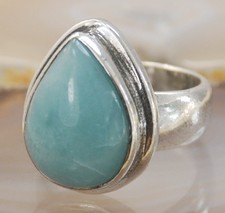 Blue Larimar Gemstone Silver Handmade Jewelry Ring Size 8 R7415