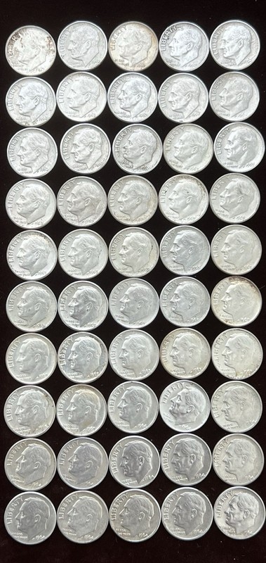 ROOSEVELT DIME~90% Silver~ROLL LOT of 50~1962-63-64 P-D MINT)~EF-NEAR-UNC. READ!