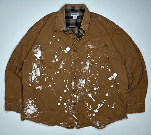 Carhartt Duck Canvas Flannel Lined Jacket S96BRN Paint Splatter Distressed 2XL - Picture 2 of 9