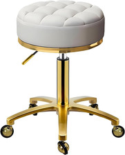 Gold Rolling Swivel Stool Adjustable PU Leather Pedicure Spa Vanity Chair White