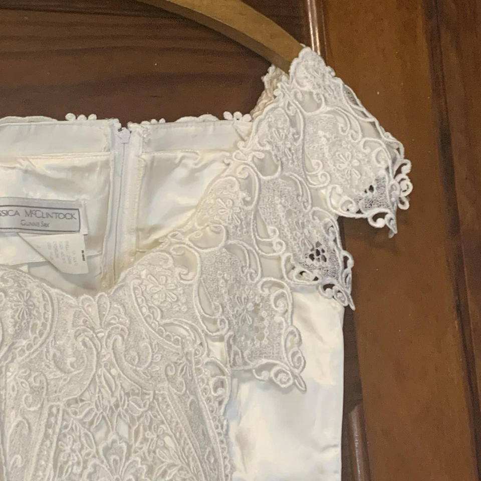 Винтажный 90-х Jessica McClintock Gunne Sax свадебное платье белый 11/12 атласное кружево - Изображение 4 из 4