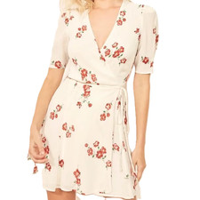 Reformation lucky Magdalena cream & red floral wrap mini dress sz M euc