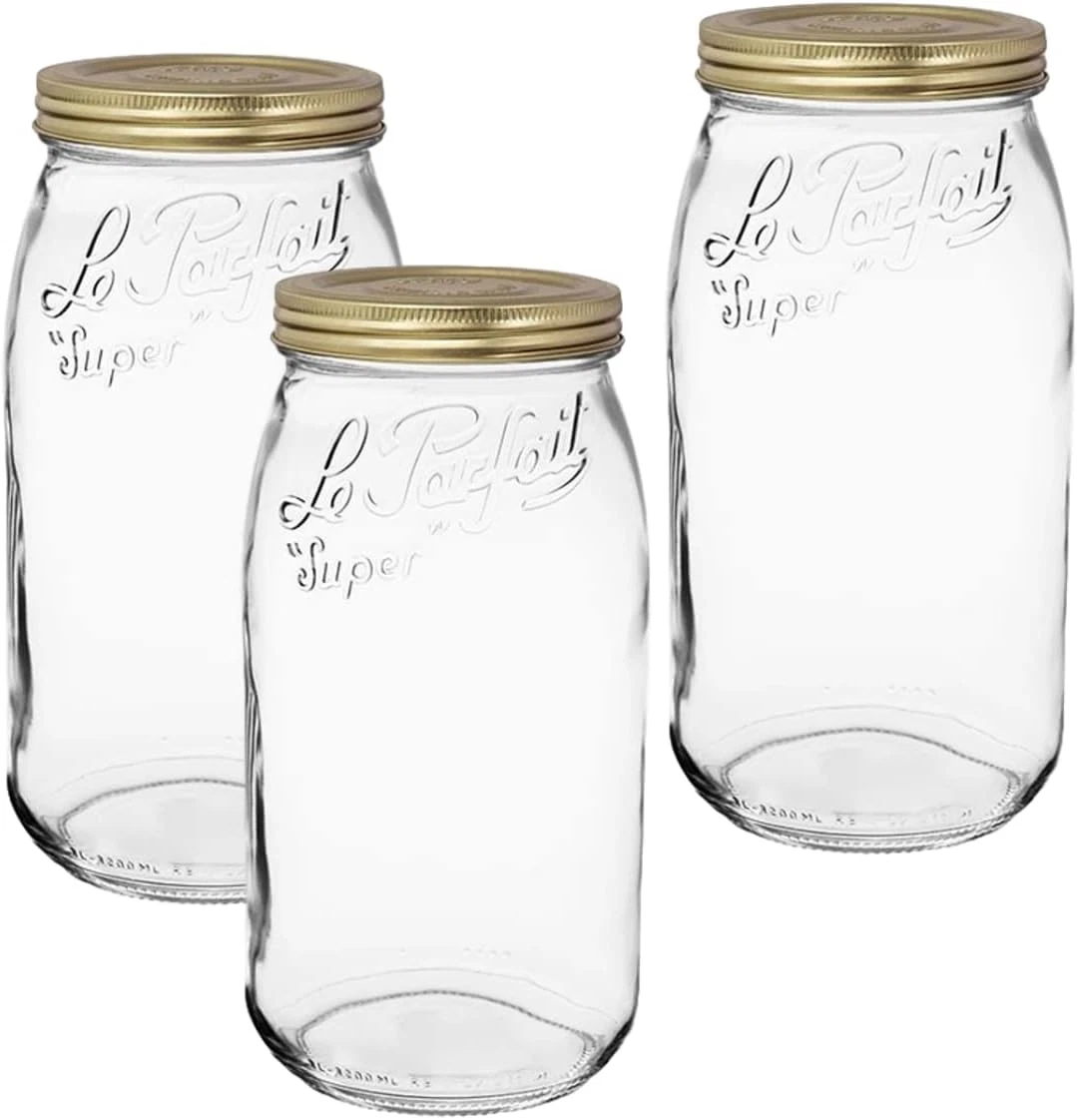 Wide Mouth French Glass Jars with Screw Top - 3L, Pack of 3, Gold
