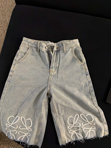 LOEWE Anagram Light Wash Denim Bermuda Shorts High Rise Logo Embroidered M