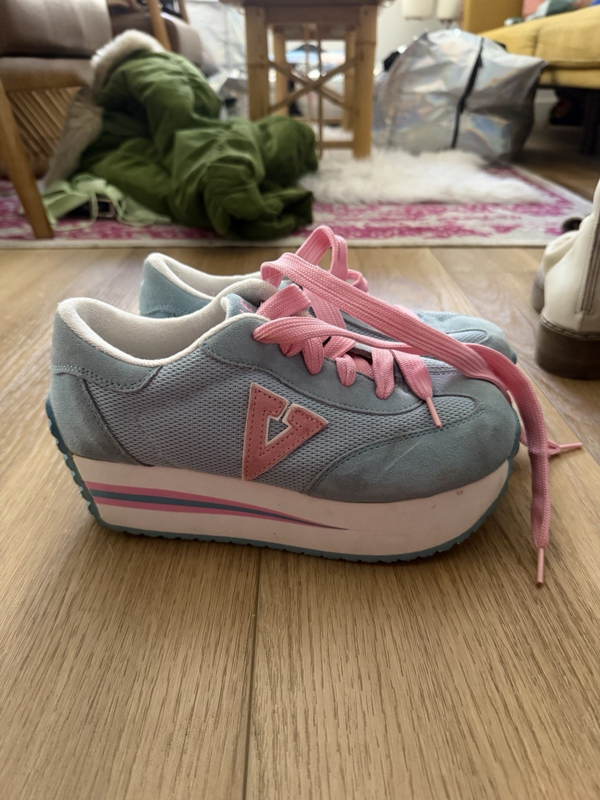 Light Blue Pink Lace Up Low Top Colorful