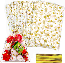 100 Pcs Cellophane Treat Bags,4 X 6 Inches Clear Cellophane Bags,100 Gold Twist
