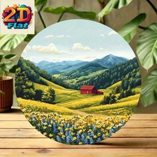 8 Flat Round Aluminum Foil Painting - Classic Rural Landscape with Blue Mountain