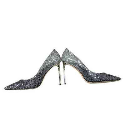 JIMMY CHOO ROMY 100 Silver Glitter Pointed Toe Pumps [US7.5/VG