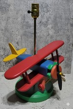 Vintage Children's Colorful Airplane Bedroom Table Lamp Painted Wood Biplane