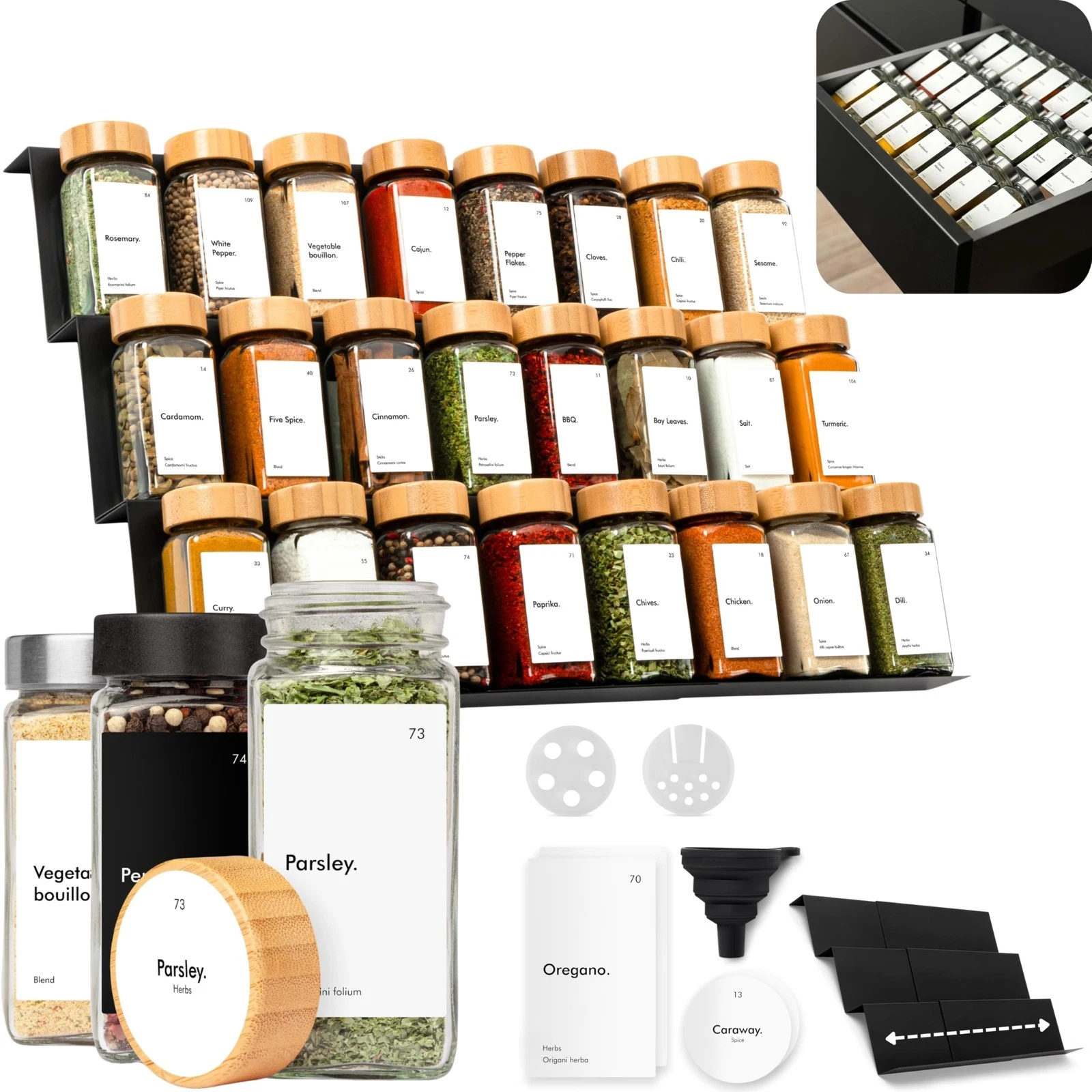 Spice Drawer Organizer with 24 Spice Jars & 240 Labels - Seasoning Rack for O...