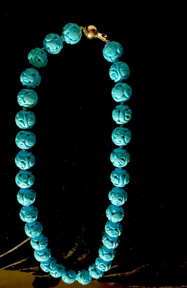 Collar Shou Turquesa Tallada China Estate 18" Cierre 14kt Foto 3 de 4