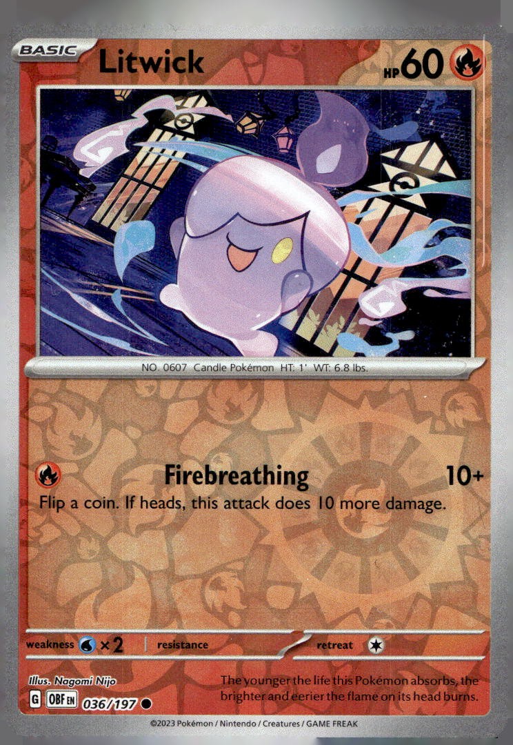 Litwick 036/197 Common Obsidian Flames Pokemon Reverse Holo Lightly Played