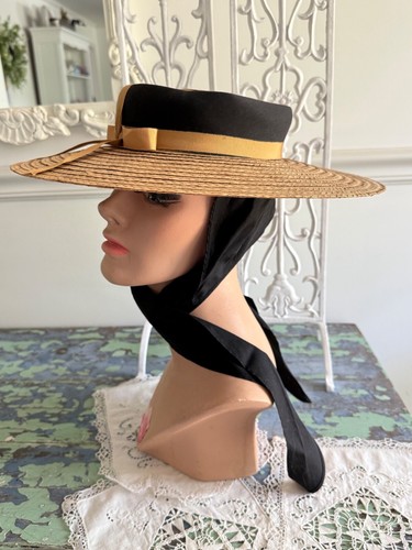 NWT Vintage Wide Brim Straw Hat w/ Bow By Penneys 20” Elegant - Picture 3 of 17