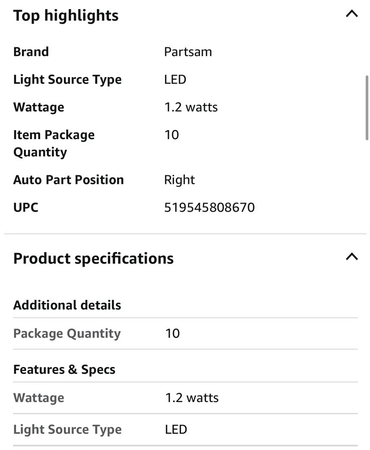 Светодиодные лампы Partsam T5 на танкетке для приборной панели приборной панели 10 шт. - Изображение 2 из 3
