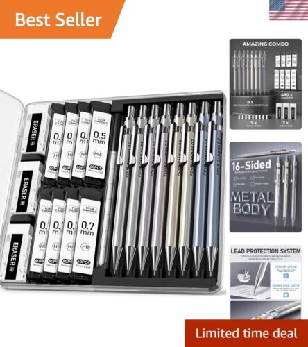 8PCS Metal Mechanical Pencils Set with HB Lead Refills & Erasers - All-in-One