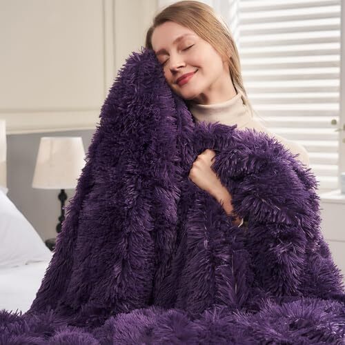 Fuzzy Faux Fur Throw Blanket Twin Size Super Soft Cozy Twin(60"x80") Purple - Picture 4 of 7