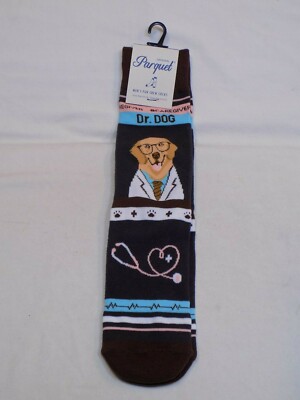 Parquet Mens Fun Crew Socks Dr Dog Stethoscope EKG Line Caregiver Size 10-13 NEW