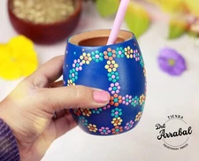 Wooden mate cup hand painted in blue Flower Peace. Limited Edition. Mate drink