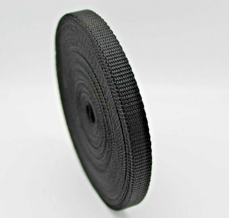 10mm Black Webbing Strap 10m Polypropylene Nylon Tape Strong Durable Roll