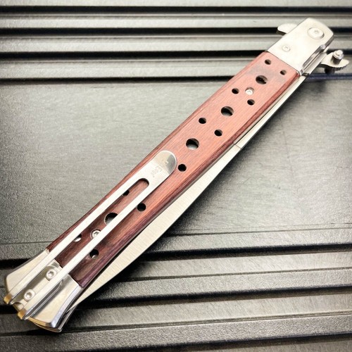 13" Classic HUGE Large Brown Wood Spring Assisted Open STILETTO Pocket Knife - Picture 4 of 4