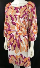 eci Shift Dress Pink Spring Geo Floral Print Lined Scoop Neck 3/4 Sleeve Size 6