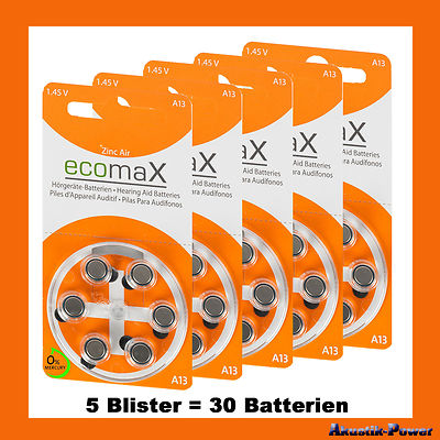 30 Stück ecomaX Hörgerätebatterie Typ 13 PR48 orange A13