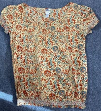 John Robshaw Lucky Brand Top Womens Medium Beige Blue Floral Pleated  Boho